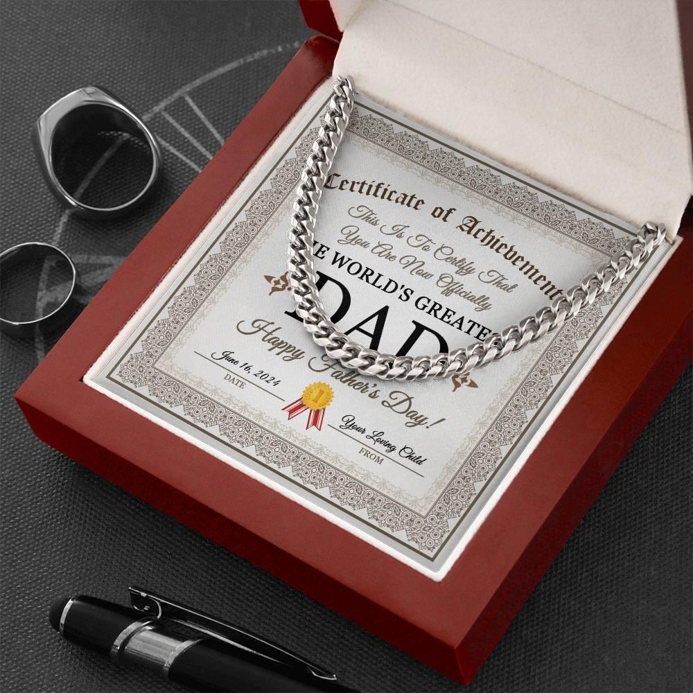 Dad Happy Father's Day Certificate of Achievement Cuban Chain Link Necklace with Gift Box