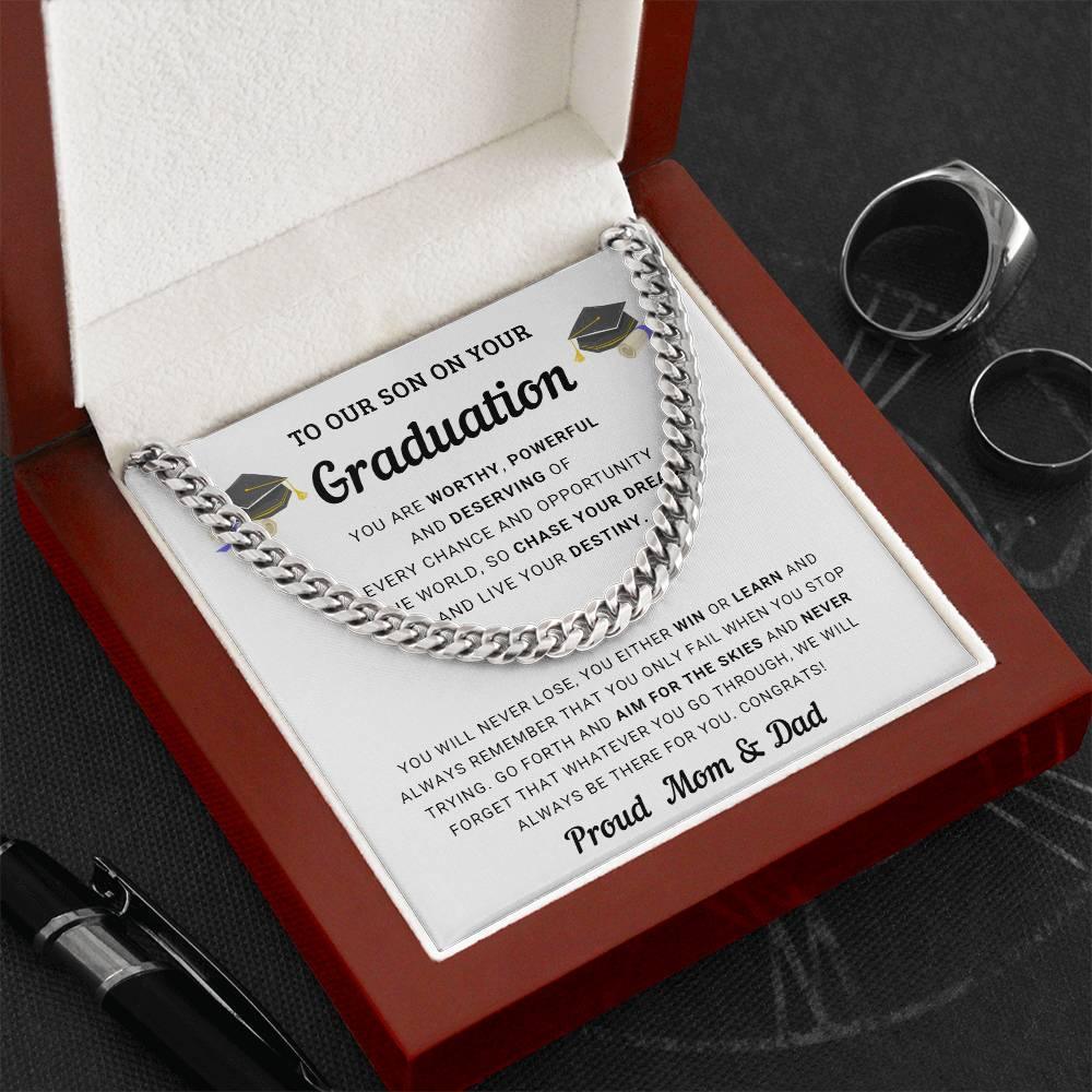 Graduation Gift for Son From Mom and Dad - Chase Your Dreams and Live Your Destiny - Cuban Chain Link Necklace