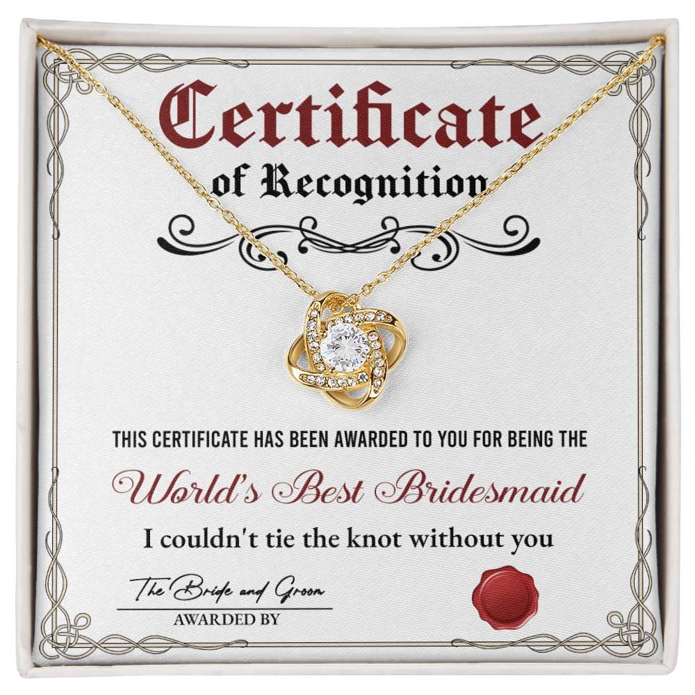 Bridesmaid Gift - Certificate Of Recognition Love Knot Pendant Necklace