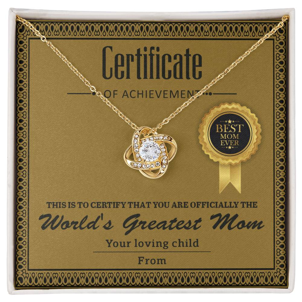 World's Greatest Mom Personalized Certificate of Achievement- Love Knot Necklace