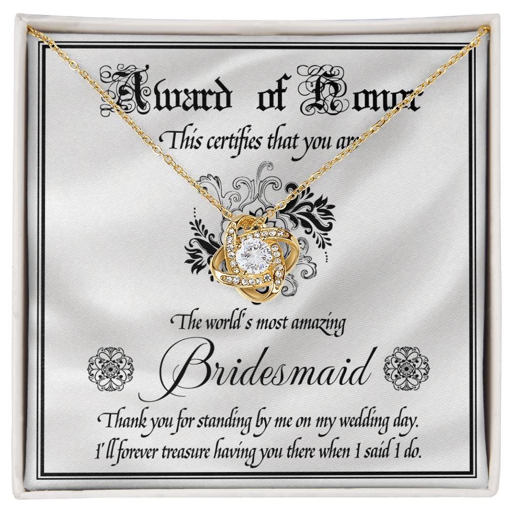 Bridesmaid Wedding Day Gift - Award Of Honor Thank You Card with Love Knot Pendant Necklace