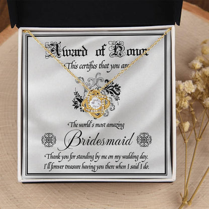 Bridesmaid Wedding Day Gift - Award Of Honor Thank You Card with Love Knot Pendant Necklace