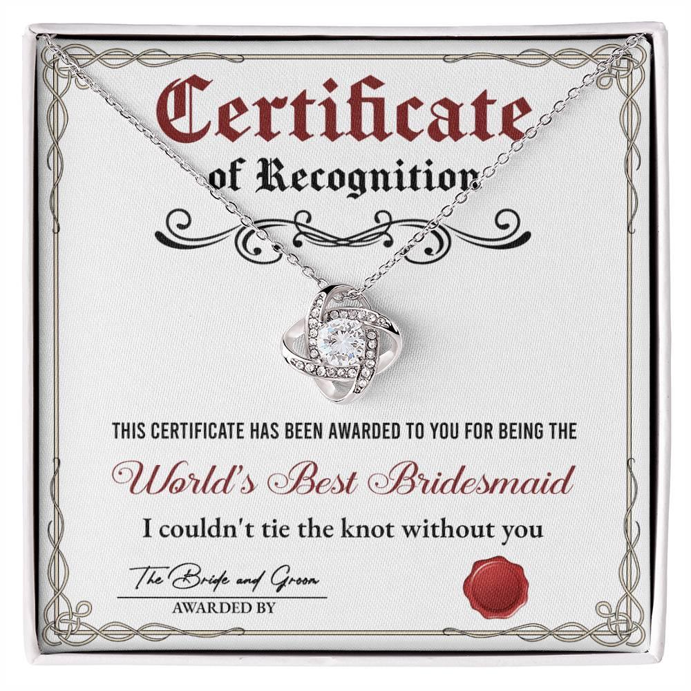 Bridesmaid Gift - Certificate Of Recognition Love Knot Pendant Necklace