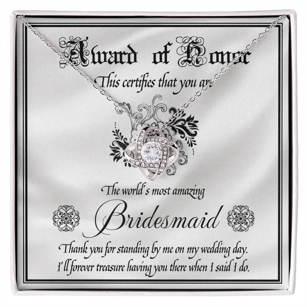 Bridesmaid Wedding Day Gift - Award Of Honor Thank You Card with Love Knot Pendant Necklace