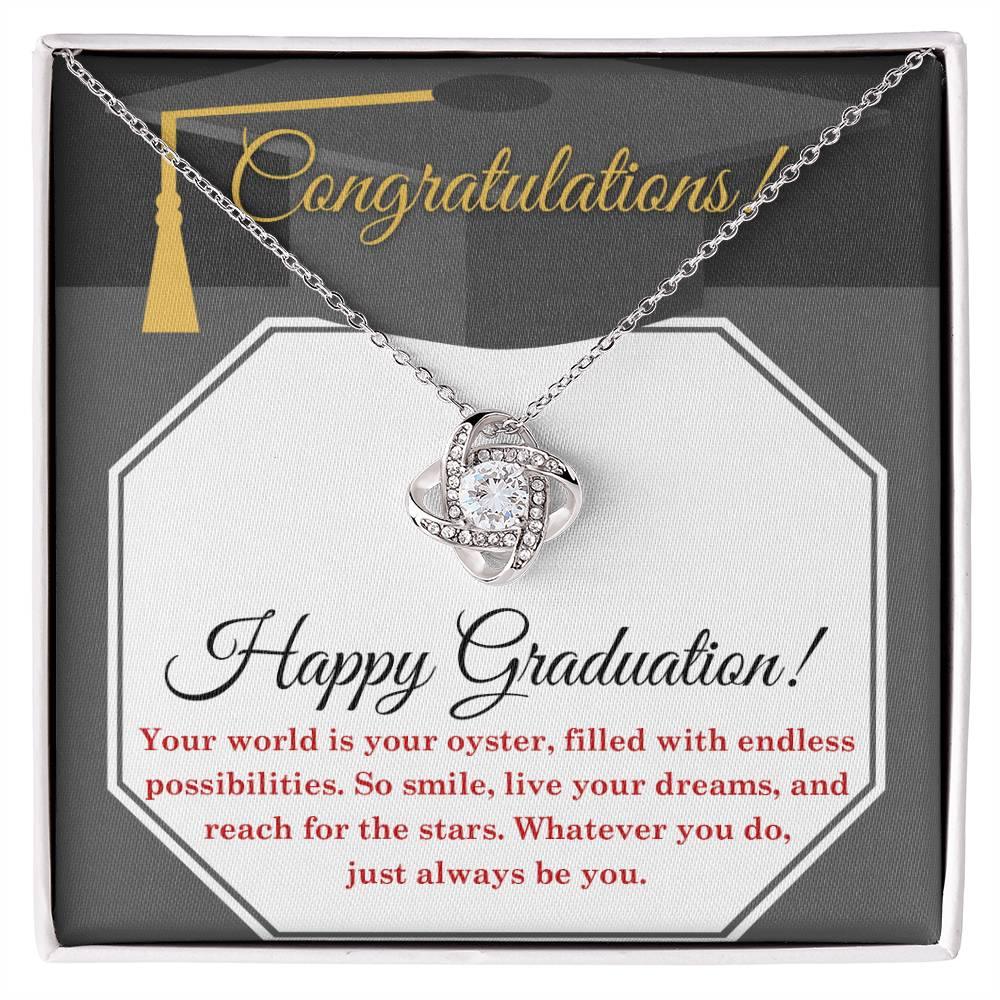 Happy Graduation-Your World is your Oyster Love Knot Pendant Necklace