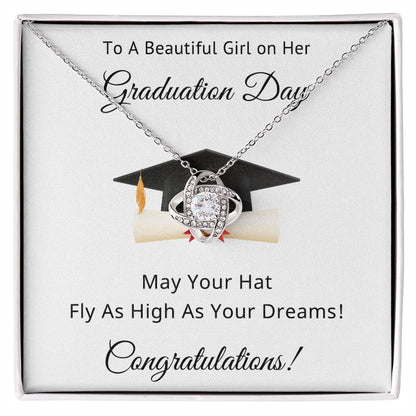 To A Beautiful Girl on Her Graduation Day Congratulations May Your Hat Fly High As Your Dreams Love Knot Pendant Necklace