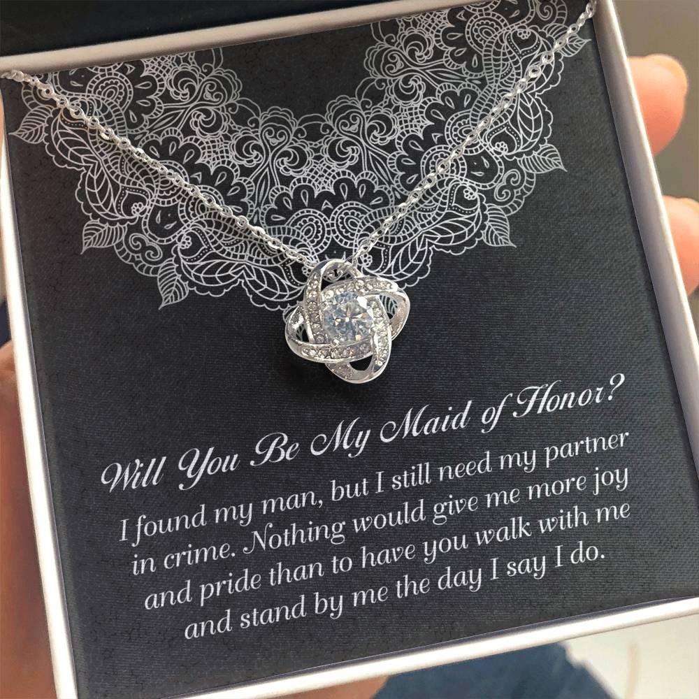 Maid of Honor Wedding Proposal Gift - Partner In Crime - Love Knot Pendant Necklace