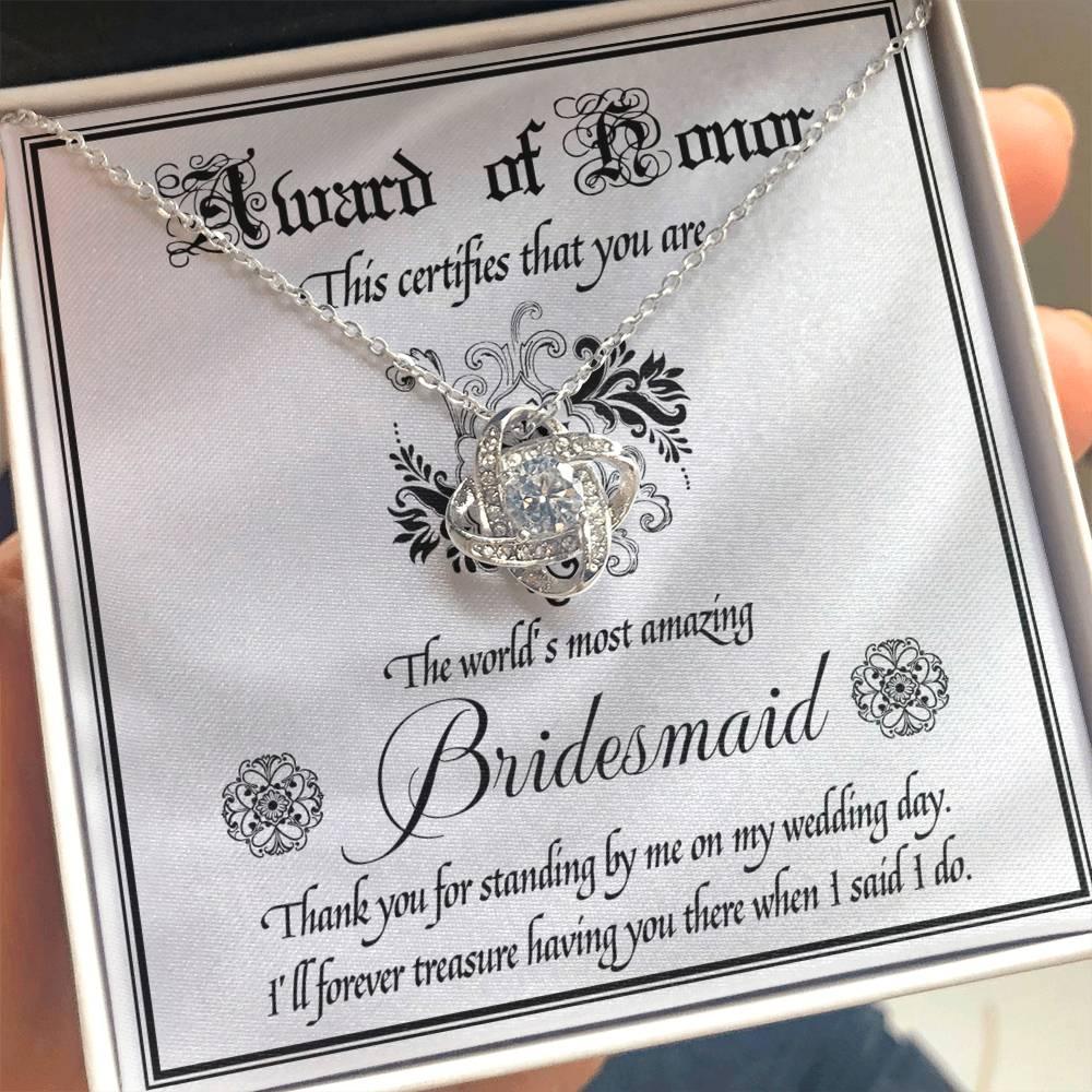 Bridesmaid Wedding Day Gift - Award Of Honor Thank You Card with Love Knot Pendant Necklace