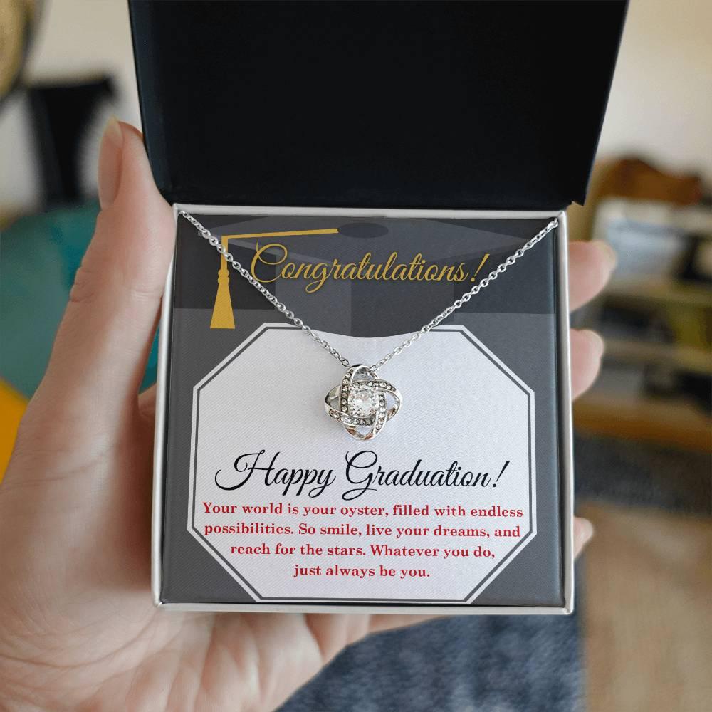 Happy Graduation-Your World is your Oyster Love Knot Pendant Necklace