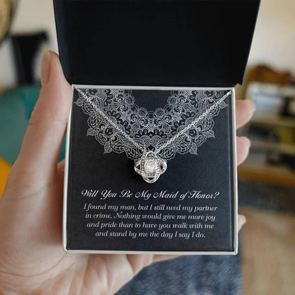 Maid of Honor Wedding Proposal Gift - Partner In Crime - Love Knot Pendant Necklace