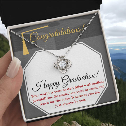 Happy Graduation-Your World is your Oyster Love Knot Pendant Necklace