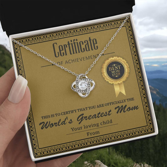 World's Greatest Mom Personalized Certificate of Achievement- Love Knot Necklace