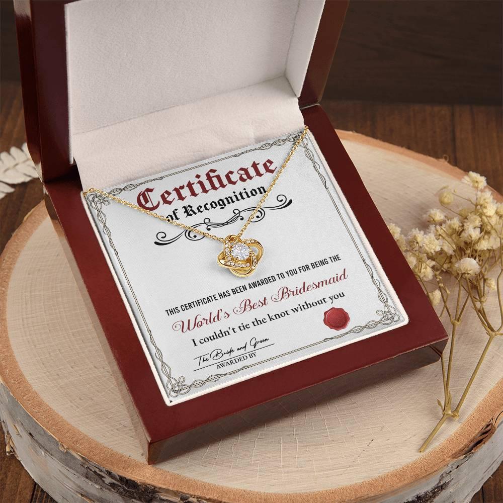 Bridesmaid Gift - Certificate Of Recognition Love Knot Pendant Necklace