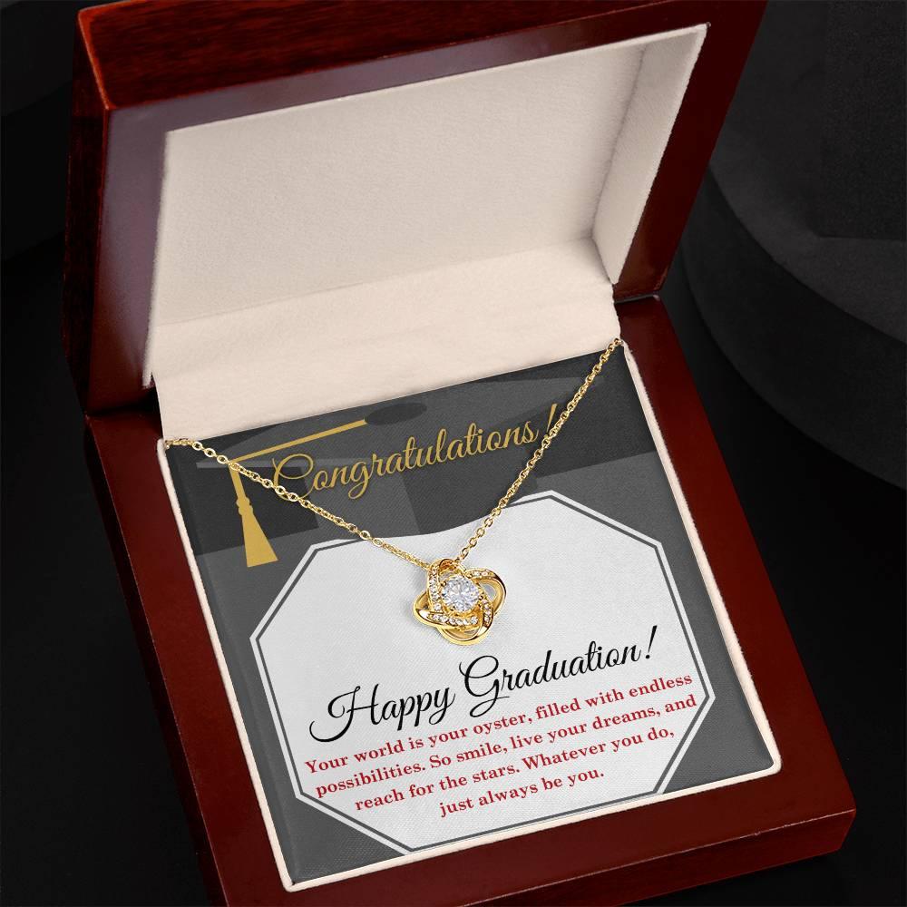 Happy Graduation-Your World is your Oyster Love Knot Pendant Necklace