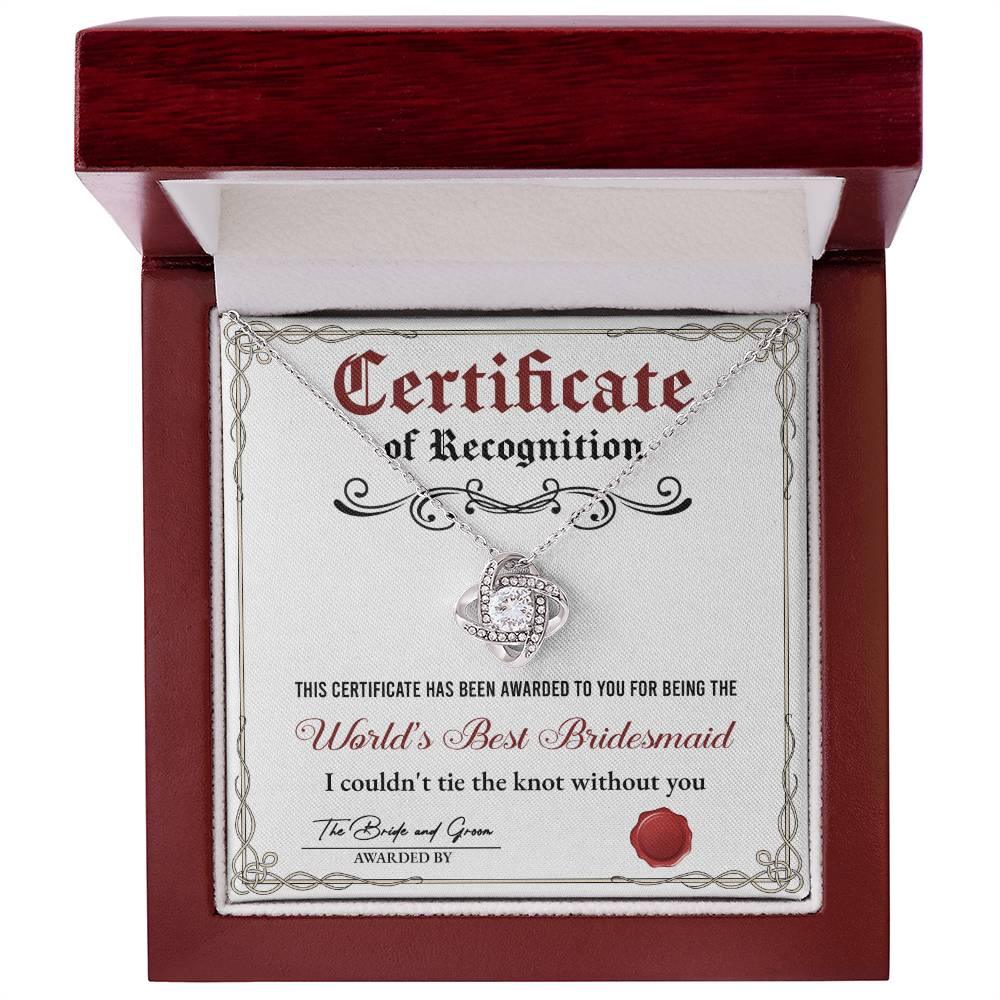 Bridesmaid Gift - Certificate Of Recognition Love Knot Pendant Necklace