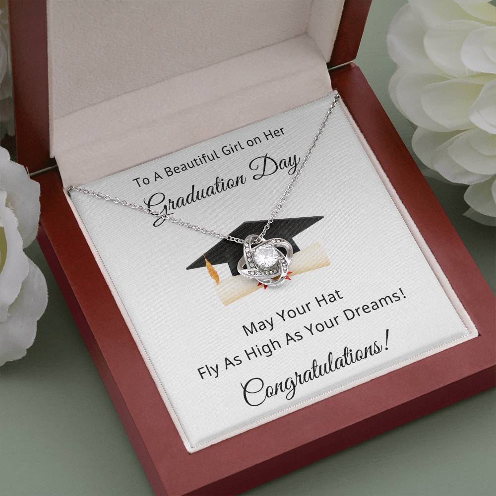 To A Beautiful Girl on Her Graduation Day Congratulations May Your Hat Fly High As Your Dreams Love Knot Pendant Necklace