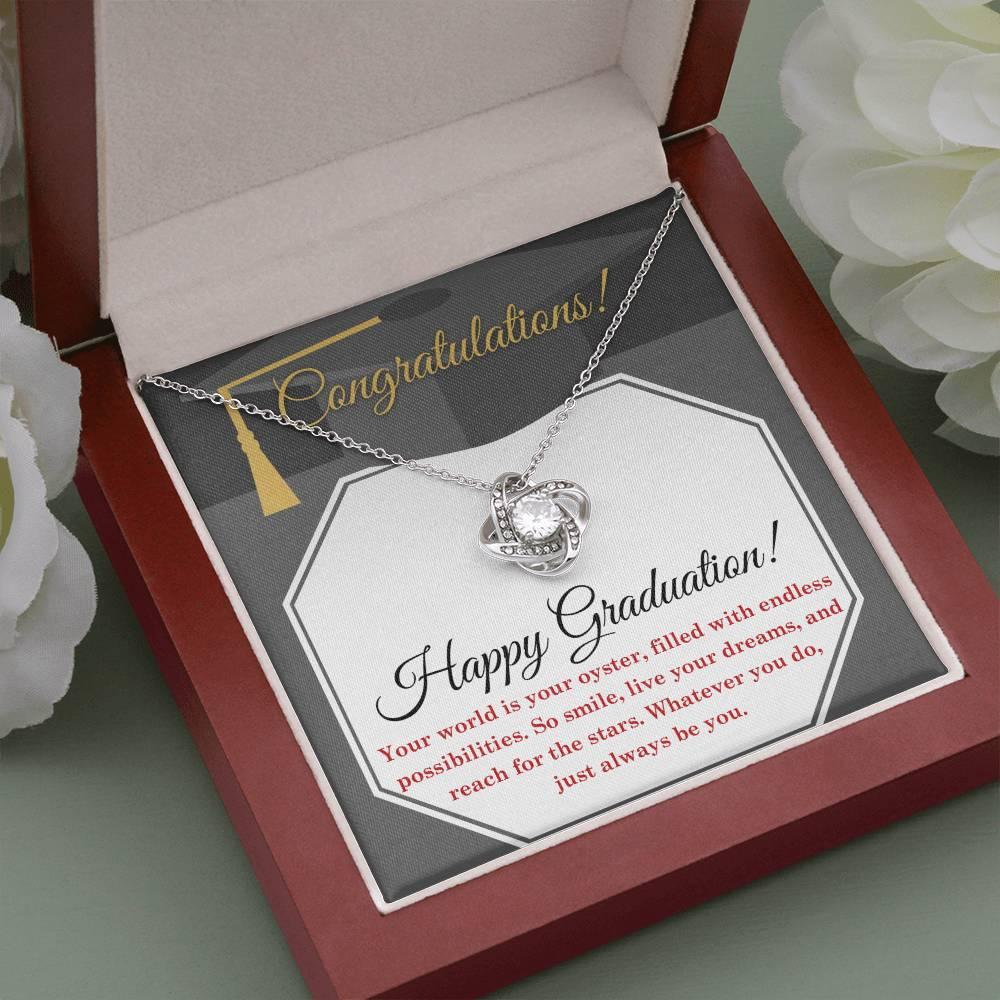 Happy Graduation-Your World is your Oyster Love Knot Pendant Necklace