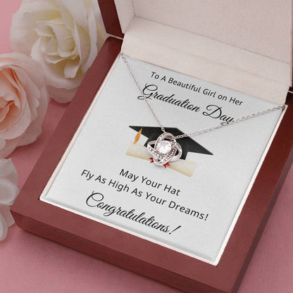 To A Beautiful Girl on Her Graduation Day Congratulations May Your Hat Fly High As Your Dreams Love Knot Pendant Necklace