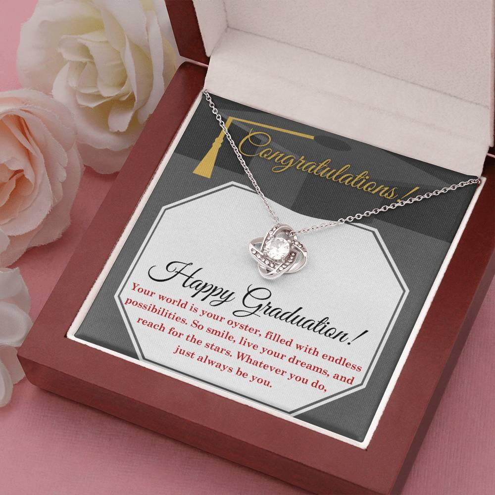 Happy Graduation-Your World is your Oyster Love Knot Pendant Necklace