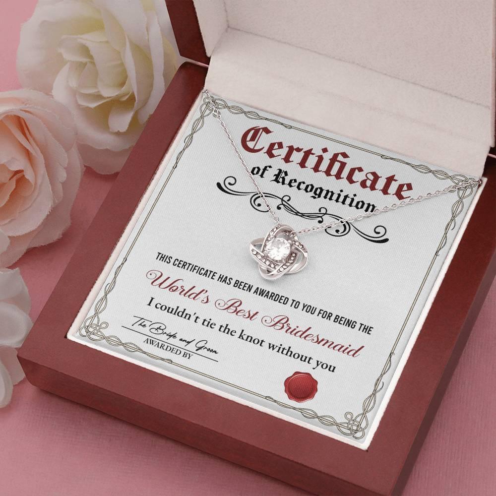 Bridesmaid Gift - Certificate Of Recognition Love Knot Pendant Necklace