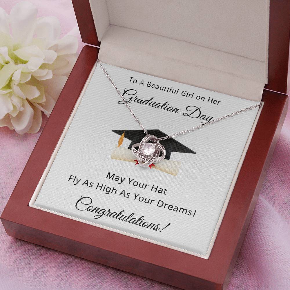 To A Beautiful Girl on Her Graduation Day Congratulations May Your Hat Fly High As Your Dreams Love Knot Pendant Necklace