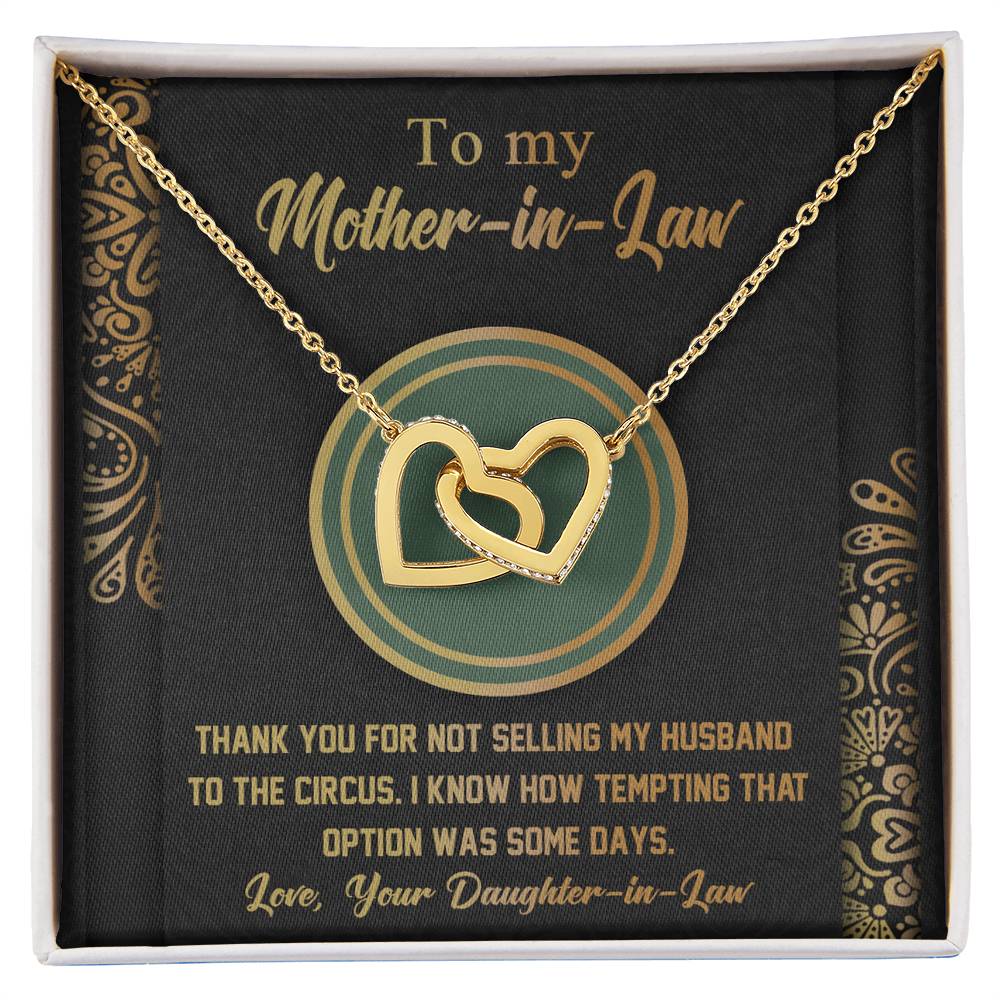 Gift for Mother-in-Law Thank You for Not Selling My Husband to the Circus Cross Interlocking Hearts Necklace