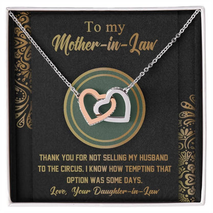 Gift for Mother-in-Law Thank You for Not Selling My Husband to the Circus Cross Interlocking Hearts Necklace