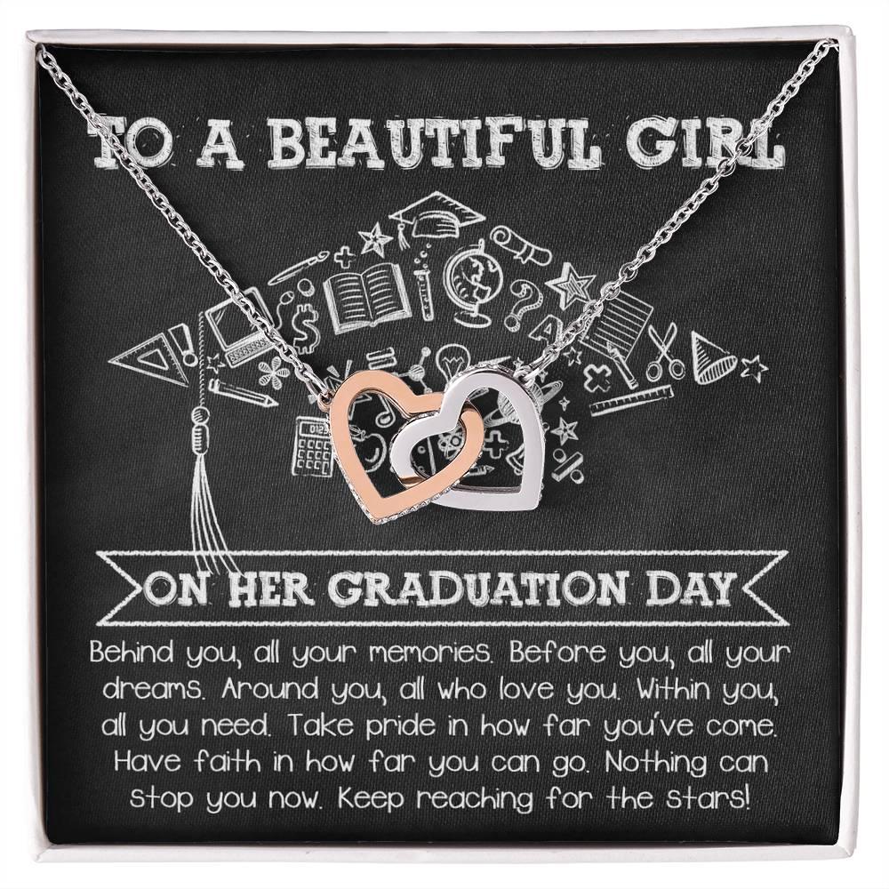 To A Beautiful Girl Graduation Gift Keep Reaching for the Stars Interlocking Hearts Pendant Necklace and Gift Box