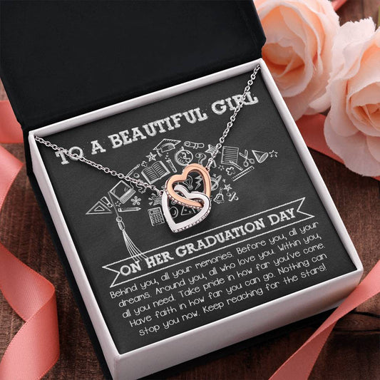 To A Beautiful Girl Graduation Gift Keep Reaching for the Stars Interlocking Hearts Pendant Necklace and Gift Box