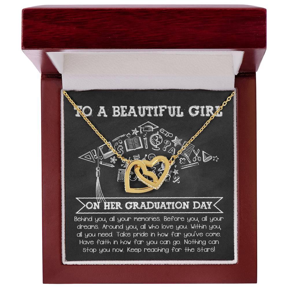 To A Beautiful Girl Graduation Gift Keep Reaching for the Stars Interlocking Hearts Pendant Necklace and Gift Box