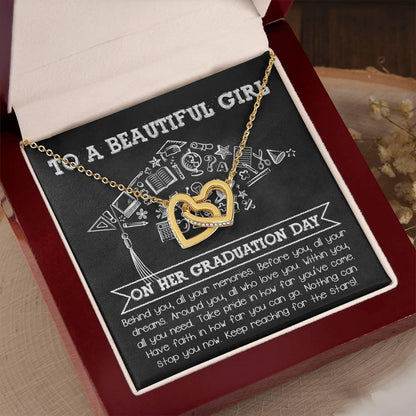 To A Beautiful Girl Graduation Gift Keep Reaching for the Stars Interlocking Hearts Pendant Necklace and Gift Box