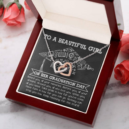 To A Beautiful Girl Graduation Gift Keep Reaching for the Stars Interlocking Hearts Pendant Necklace and Gift Box