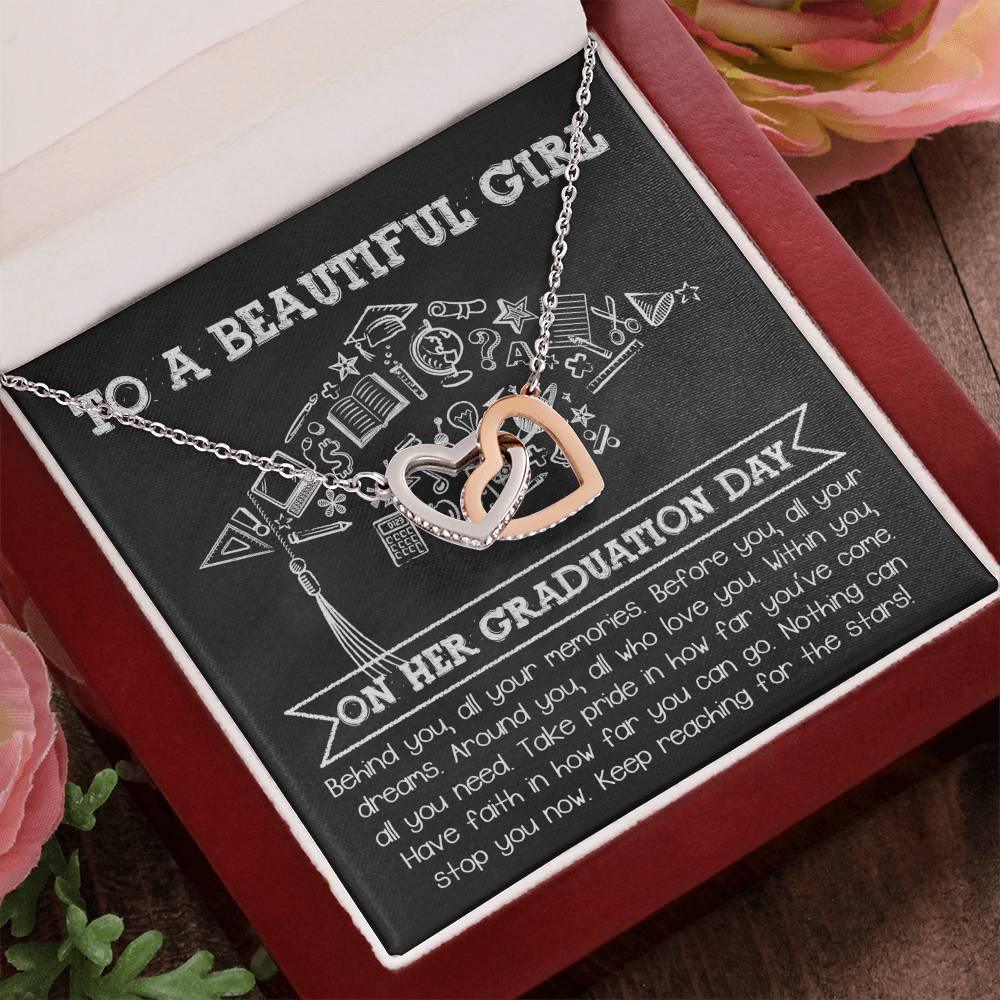 To A Beautiful Girl Graduation Gift Keep Reaching for the Stars Interlocking Hearts Pendant Necklace and Gift Box