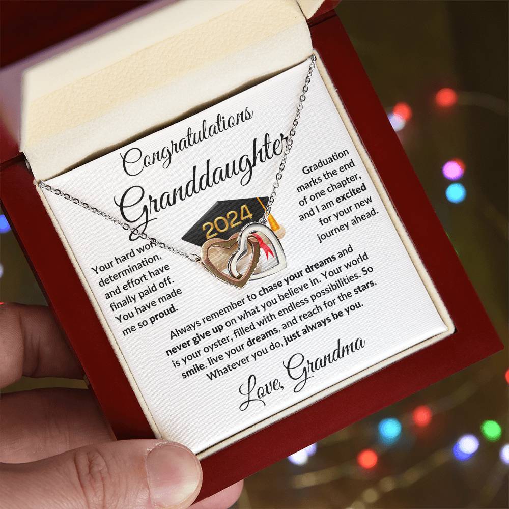 Granddaughter Jewelry Graduation Class of 2024 Personalized Interlocking Hearts Pendant Necklace with Heartfelt Message and Gift Box