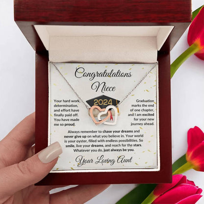 Niece Jewelry Graduation Class of 2024 Personalized Interlocking Hearts Pendant Necklace with Heartfelt Message and Gift Box