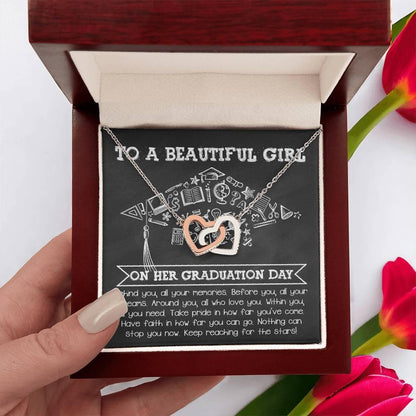 To A Beautiful Girl Graduation Gift Keep Reaching for the Stars Interlocking Hearts Pendant Necklace and Gift Box