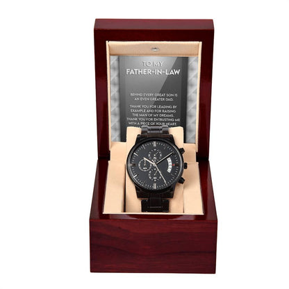 Gift for Father-in-Law Behind Every Great Son Is a Greater Dad Black Chronograph Watch