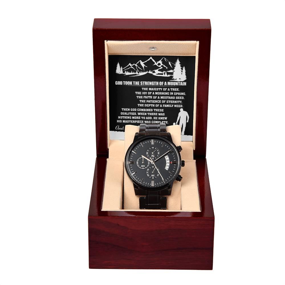 Gift for Dad, God Took The Strength of a Mountain and Called it Dad Black Chronograph Watch