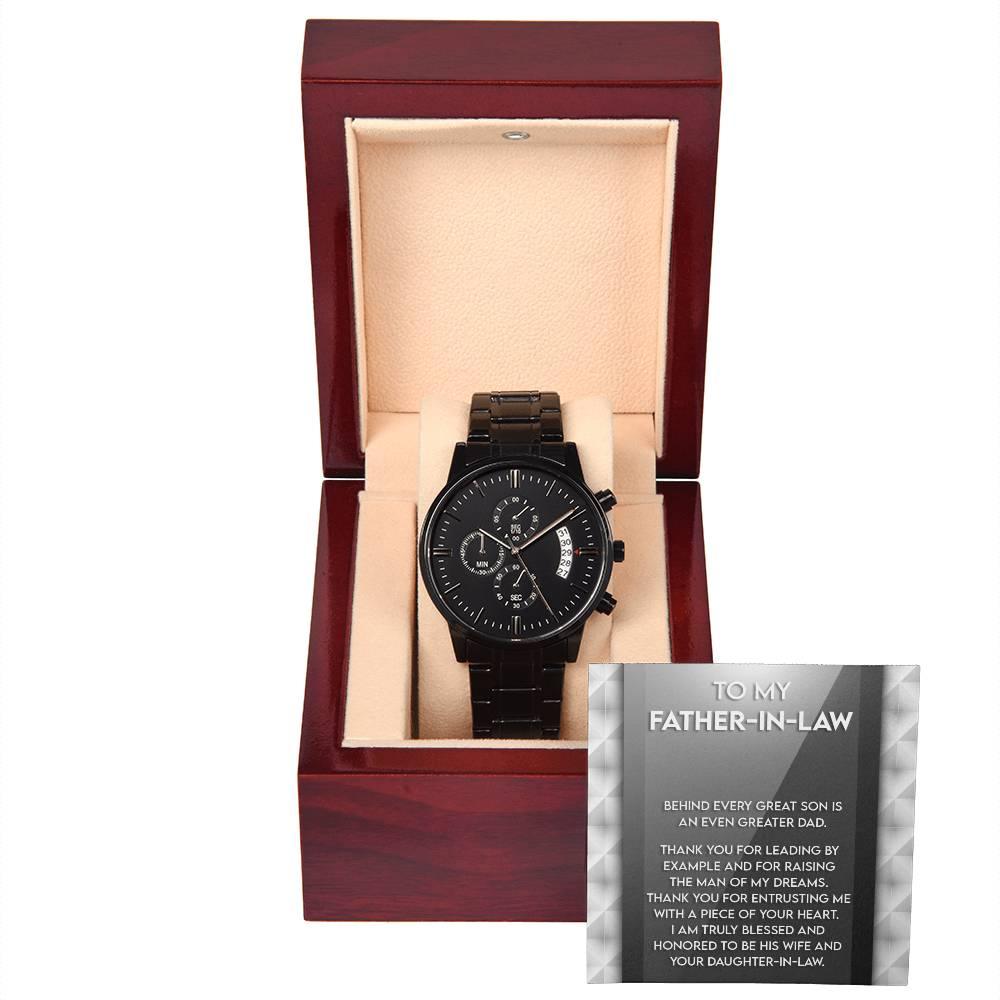 Gift for Father-in-Law Behind Every Great Son Is a Greater Dad Black Chronograph Watch