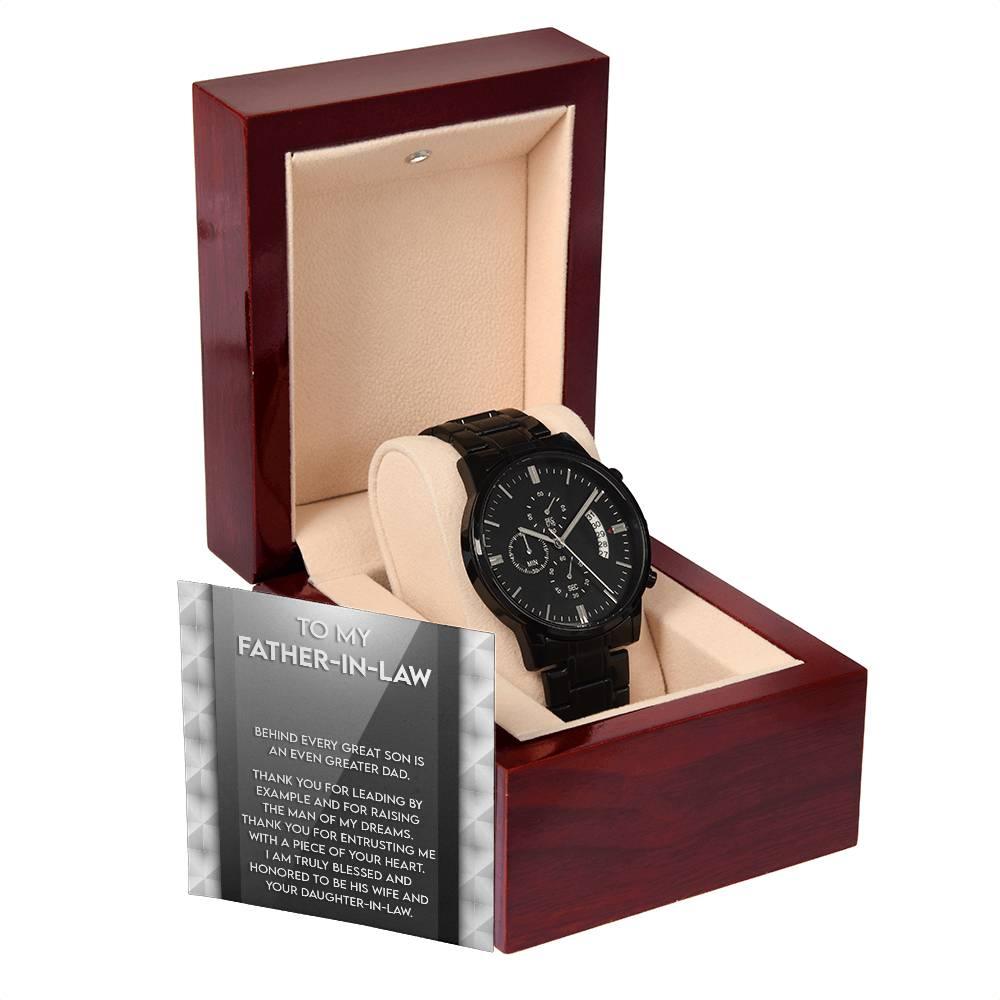 Gift for Father-in-Law Behind Every Great Son Is a Greater Dad Black Chronograph Watch