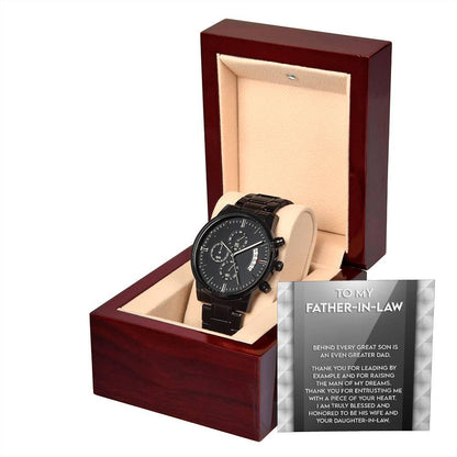 Gift for Father-in-Law Behind Every Great Son Is a Greater Dad Black Chronograph Watch