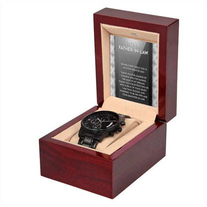 Gift for Father-in-Law Behind Every Great Son Is a Greater Dad Black Chronograph Watch