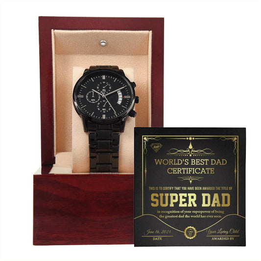 Dad Gift - Super Dad Certificate Black Chronograph Watch
