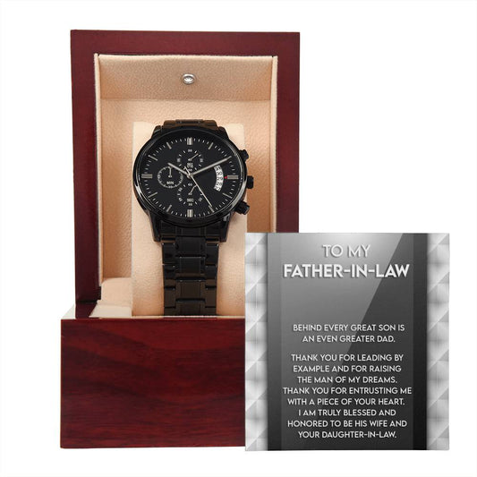 Gift for Father-in-Law Behind Every Great Son Is a Greater Dad Black Chronograph Watch