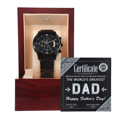 Dad Certificate of Achievement as the World's Greatest Dad Black Chronograph Watch