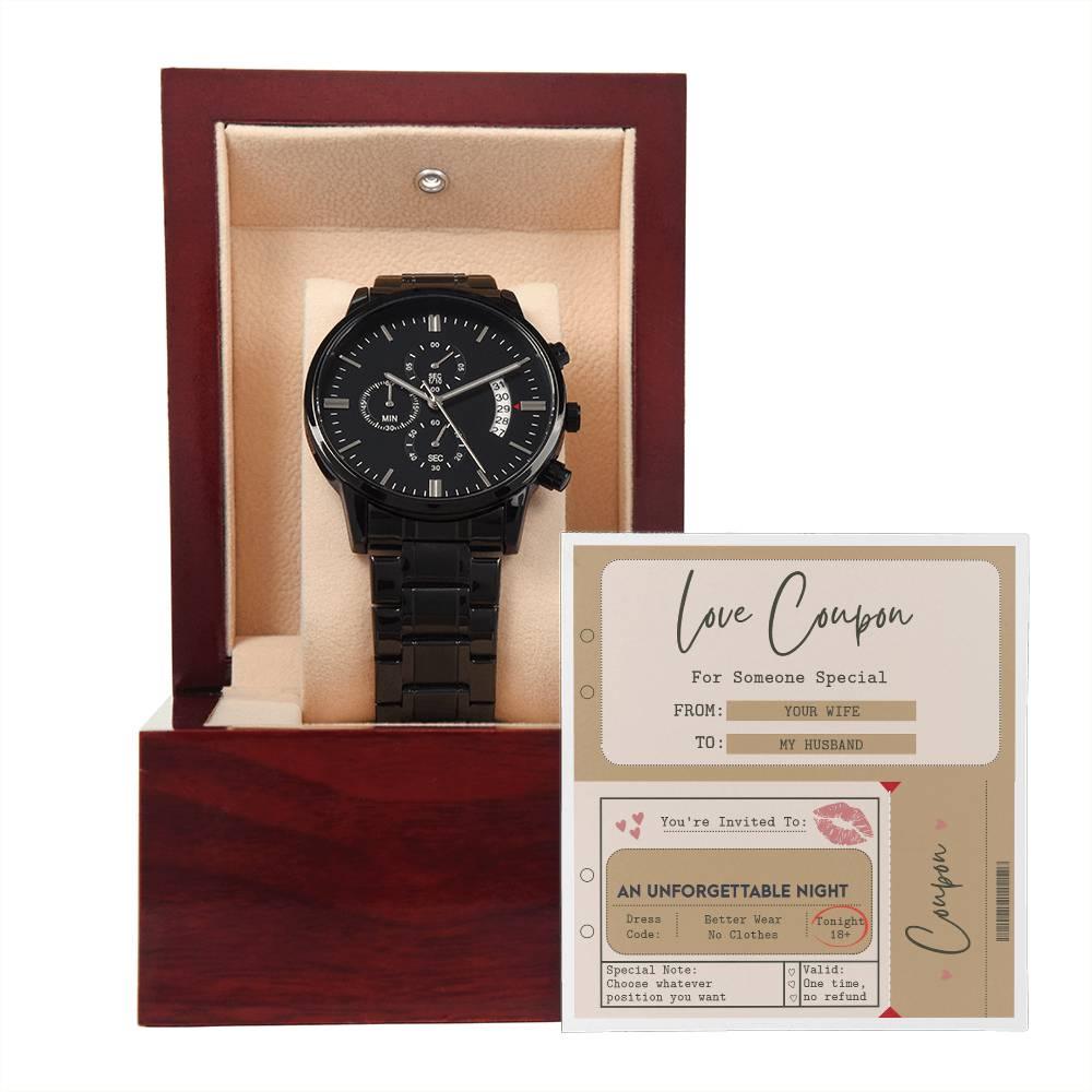 Husband Wedding Day Gift - Coupon Book - Black Chronograph Watch