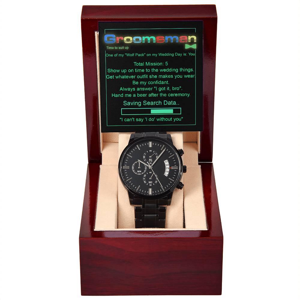 Groomsman Wedding Day Gift - Saving Search Data - Black Chronograph Watch