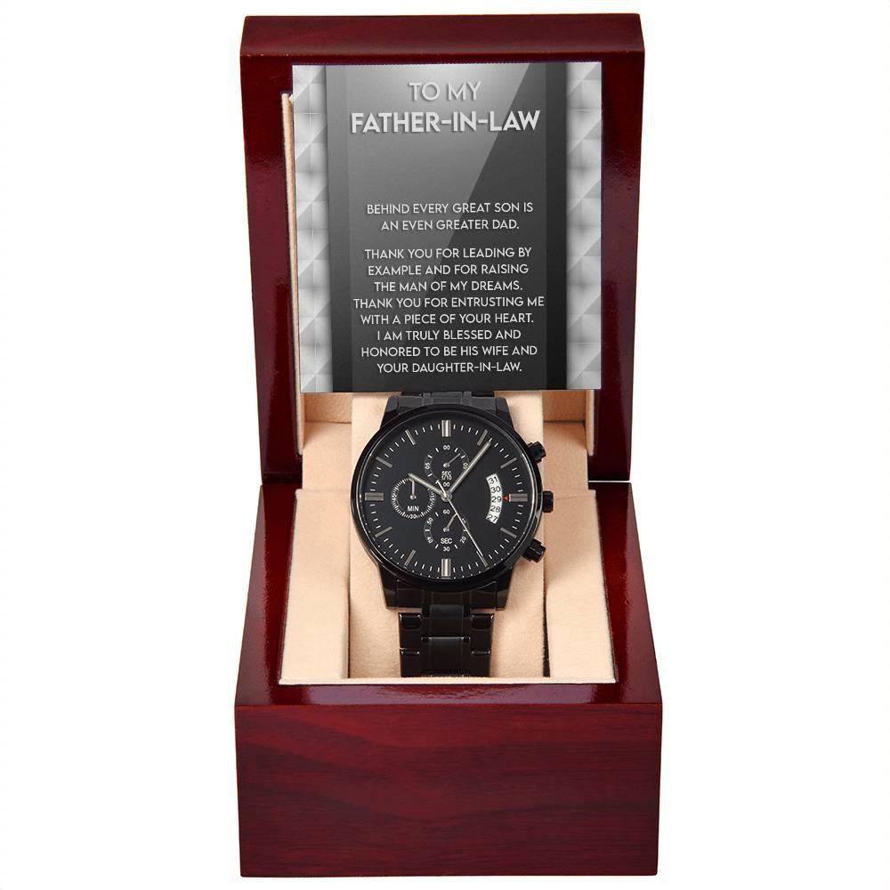 Gift for Father-in-Law Behind Every Great Son Is a Greater Dad Black Chronograph Watch