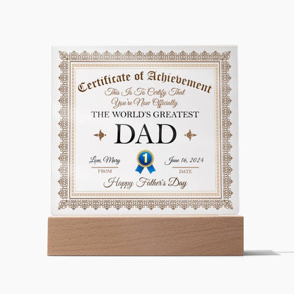 Gift For Dad Certificate of Achievement World's Greatest Dad Custom Acrylic Plaque