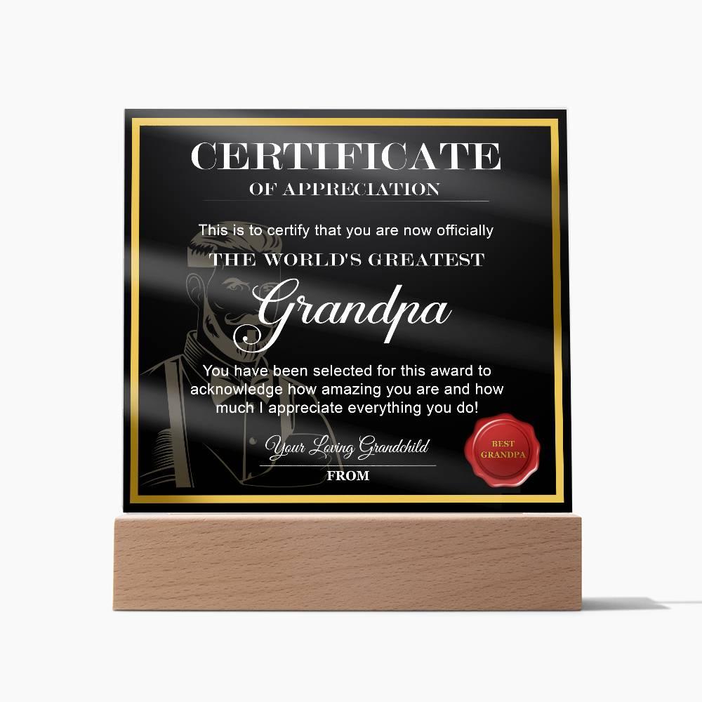 Certificate of Appreciation - The World's Greatest Grandpa Acrylic Plaque